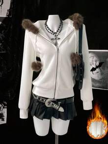 Franclia Solid Color Faux Fur Patchwork Hooded Zip-Up Long Sleeve Jacket - White - View 7