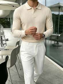 Claim Dot 男士素色休閒日常長袖 Polo 衫 - 杏色 - 查看 4