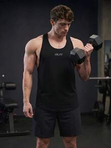 GymBeat 男友風男士字母圖案露背運動背心，健身背心組，健身房上衣，透氣輕量黑色 - 黑色 - 查看 3