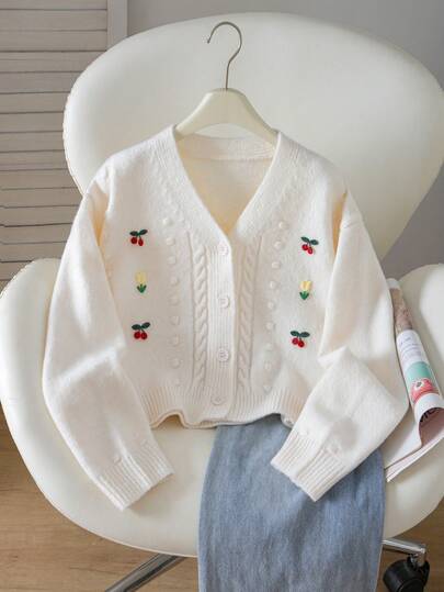 SHEIN Vintaside Kids New Fashion Girls Big Tween Girl Cute 3D Pattern Solid Color Long Sleeve Cardigan Sweater
