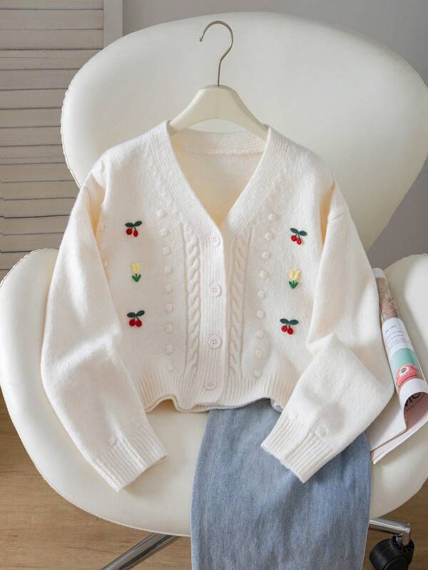 SHEIN Vintaside Kids كارديجان صوف جديد للبنات المراهقات بتصميم لطيف ونقشة ثلاثية الأبعاد ولون سادة وأكمام طويلة