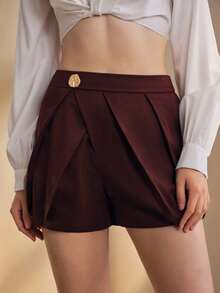 Anewsta Fashionable Modern Vintage Pleated Wide Leg Shorts With Metal Flower Button Decor For Women - Rust Brown - View 4