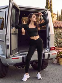 SHEIN BASICS 女款素色修身百搭日常長袖T恤 - 黑色 - 查看 3
