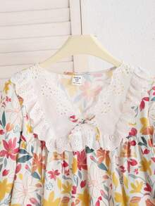 SHEIN Tween女孩寬鬆休閒刺繡蕾絲飾邊拼接碎花小花梭織長袖蝴蝶結家居睡袍 黃色長款睡裙 - 黃色 - 查看 5