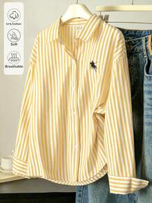 SHEIN 青少年米色細條紋刺繡長袖襯衫 - 黃色 - 查看 5