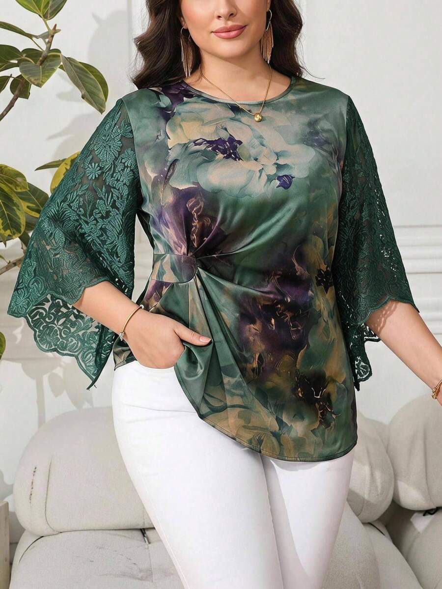 Reflora Plus Size Women's Floral Print Contrast Lace Bell Sleeve Elegant Blouse - Green - View 1