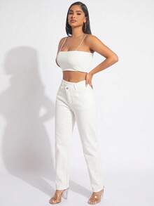 SHEIN SXY 女款時尚鈕扣口袋休閒牛仔褲 - 白色 - 查看 5