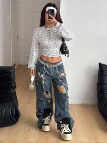Coolane Sudadera corta de mujer con cuello redondo, manga larga, fruncida y estampado de leopardo - Gris Claro - Ver 2