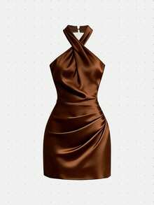GlowEve Women's Halter Neck Backless Solid Color Ruched Criss-Cross Neckline Dress - Brown - View 3