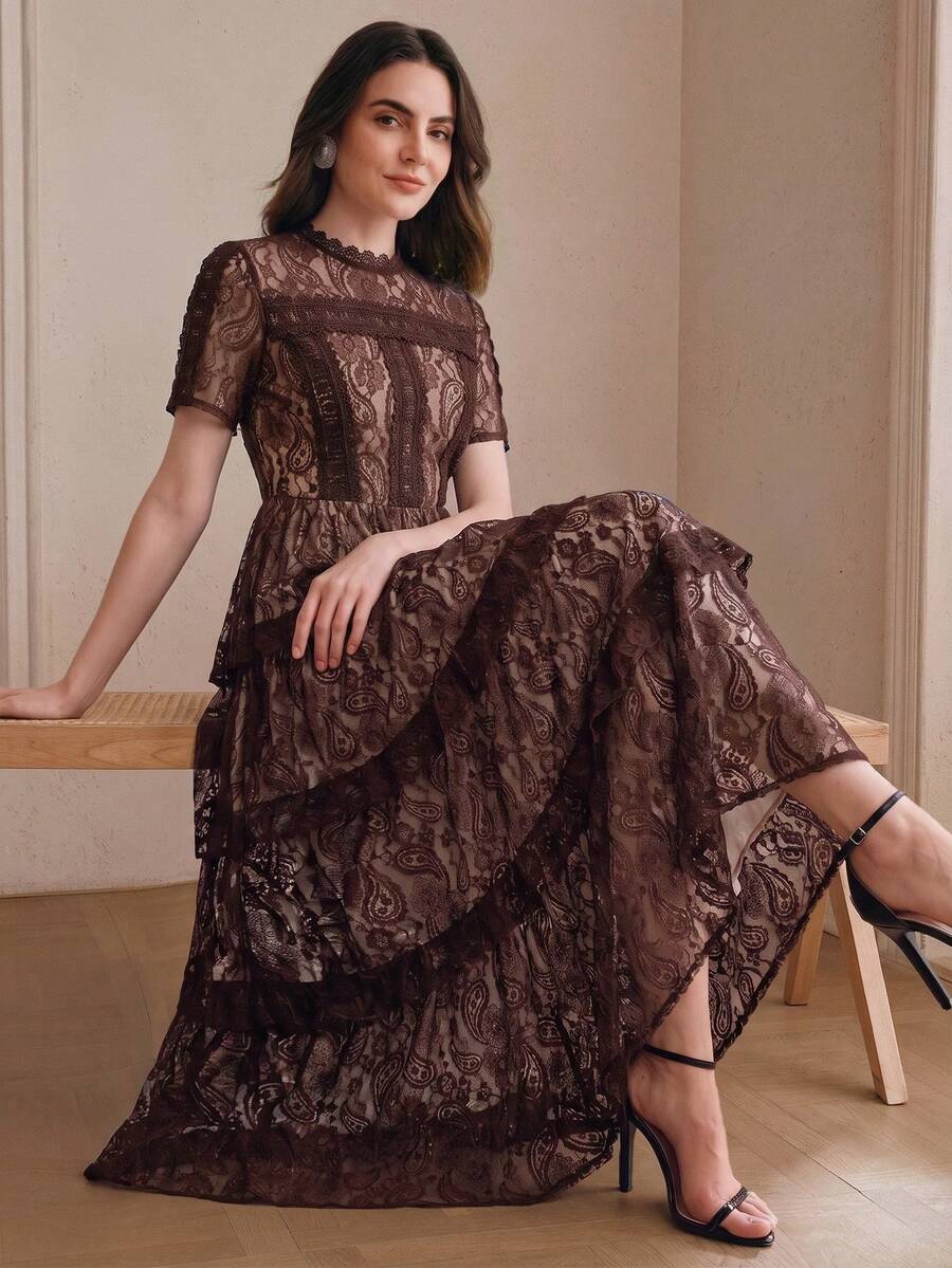 Anewsta Summer New Short Sleeve Multi-Layer Lace Ruffle Hem Elegant Versatile Long Dress - Coffee - View 1
