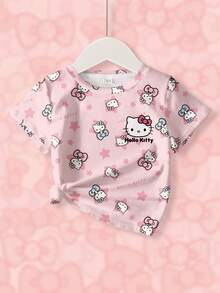 HELLO KITTY AND FRIENDS | SHEIN 少女可爱卡通星星字母印花短袖T恤，休闲日常通勤 - 白色 - 查看 3