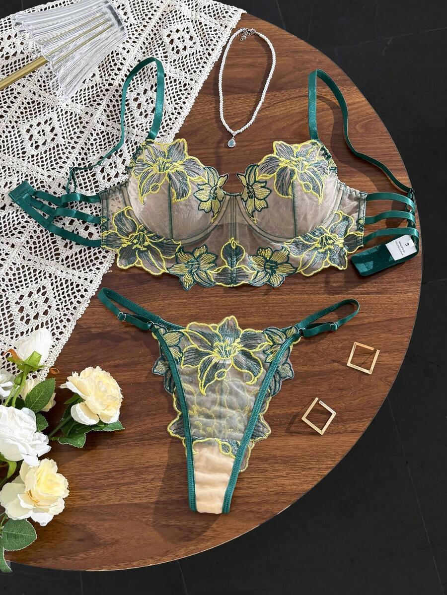 SHEIN 2件組女款裸色性感內衣套裝 - 橄欖綠 - 查看 1