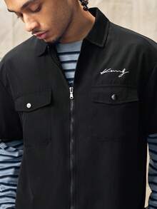 Norleigh Men's Letter Print Turndown Collar Zip-Up Casual Commuter Short Sleeve Shirt - Black - View 7
