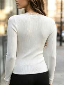 SHEIN LUNE Women's Fashion Lace Patchwork Long Sleeve French Style Sweater For Daily Wear - White - View 2