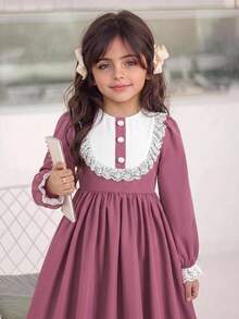 Tween Girl 秋季粉色校服洋裝，蕾絲飾邊拼接彼得潘領收腰 A 字裙長洋裝，隱形拉鍊，適合小學與國中返校及校外教學穿搭 - 粉色 - 查看 5