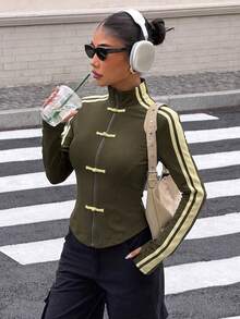 Muchica Yellow Autumn New Women's Knit Sporty Style 90s Ribbon Button Design Sun Protection Thin Jacket Everyday Night Theme - Army Green - View 4