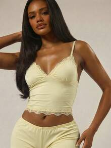 MUSERA Triangle Bust Lace Trim Adjustable Strap Cami Top And Fitted Boxer Boyshort Multipack Set Lingerie Nightwear Pajamas - Yellow - View 3