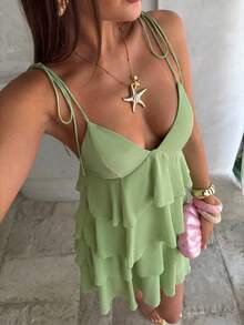 Aloruh Vestido mini de tirantes con volantes multicapa de color liso para mujer, ideal para vacaciones - Verde - Ver 4