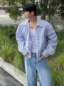 DAZY Spring/Autumn Short Long Sleeve Blue & White Striped Double Zipper Loose Fit Men's Shirt - Blue and White - View 3