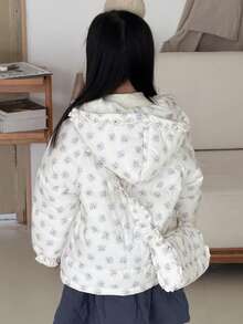 DAZY Winter New Young Girl Floral Korean Style Sweet Loose Ruffle Padded Coat With Crossbody Bag Fall - Baby Blue - View 3