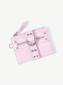 Viva Strut Y2K Pink Zip Wallet With Metal Rivets & Grommets, Unisex Card Holder Purse For Daily, Travel, Shopping, Festival, School - Pink - View 1
