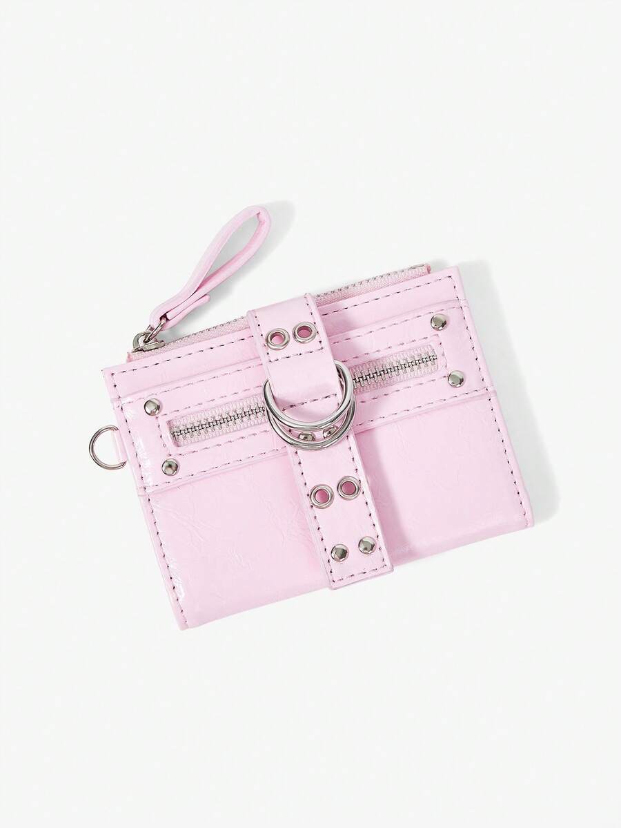 Viva Strut Y2K Pink Zip Wallet With Metal Rivets & Grommets, Unisex Card Holder Purse For Daily, Travel, Shopping, Festival, School - Pink - View 1