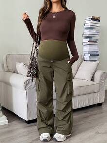 SHEIN Maternity Solid Color Adjustable Waist Pleated Loose Cargo Pants Fall - Green - View 5