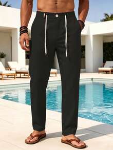 VENTUSAIL Men's Solid Color Drawstring Linen-Feel Casual Pants, Long Trousers With Pockets, Suitable For - Black - View 5