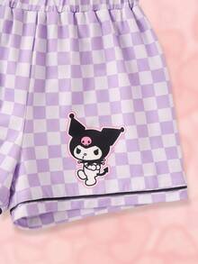 HELLO KITTY AND FRIENDS | SHEIN 女童格紋卡通印花短袖上衣與短褲休閒居家睡衣套裝 - 紫色 - 查看 8