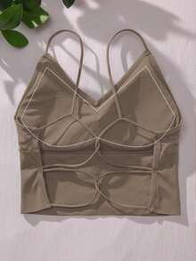 SHEIN 1件女款四季通用無縫露背背心/背心上衣/T恤，附內墊胸罩杯 - 摩卡棕 - 查看 3
