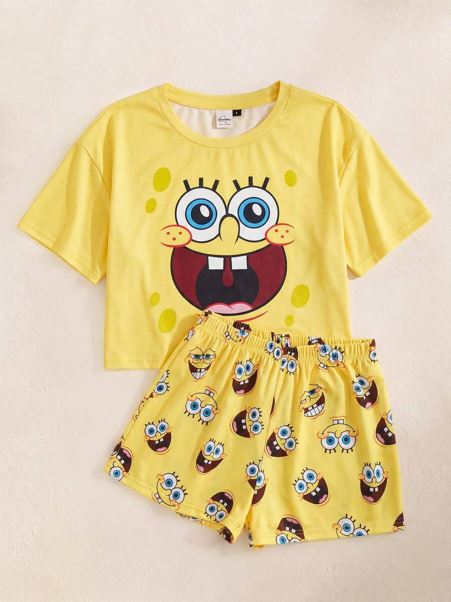 SpongeBob SquarePants | SHEIN Women's Cartoon Print Short Sleeve Top And Shorts Pajama Set, - Yellow - View 1