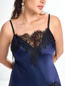 Slumbrini Mature Elegant Sexy Lace Camisole Satin Plus Size Nightgown - Royal Blue - View 6