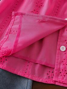 SHEIN Elladie kids 2件組女童休閒時尚荷葉邊蕾絲圓領無袖寬鬆刺繡花卉背心上衣 + 牛仔喇叭褲刺繡百搭套裝，適合度假旅行日常穿著，夏季款 - 玫紅色 - 查看 5