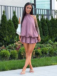 SAYEHFBABY Women's Summer Fashion Plaid Ruffle Hem Halter Backless Mini Dress Checkered Dress Backless Sundress Backless Summer Dress Picnic Dresses Elegant - Burgundy - View 3
