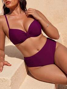 Shapewave Bộ bikini định hình màu trơn size lớn cho nữ, đi biển nghỉ hè - Màu Hồng Tươi - Xem 4