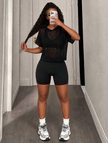 BamGleam Sudadera deportiva con capucha de malla a rayas - Negro - Ver 5