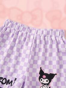 HELLO KITTY AND FRIENDS | SHEIN 女童格紋卡通印花短袖上衣與短褲休閒居家睡衣套裝 - 紫色 - 查看 7
