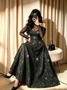 Allurite Plus Size Spring/Autumn Elegant Mesh Patchwork Glamorous Glitter Asymmetric Neck Cinched Waist Long A-Line Dress - Black - View 5