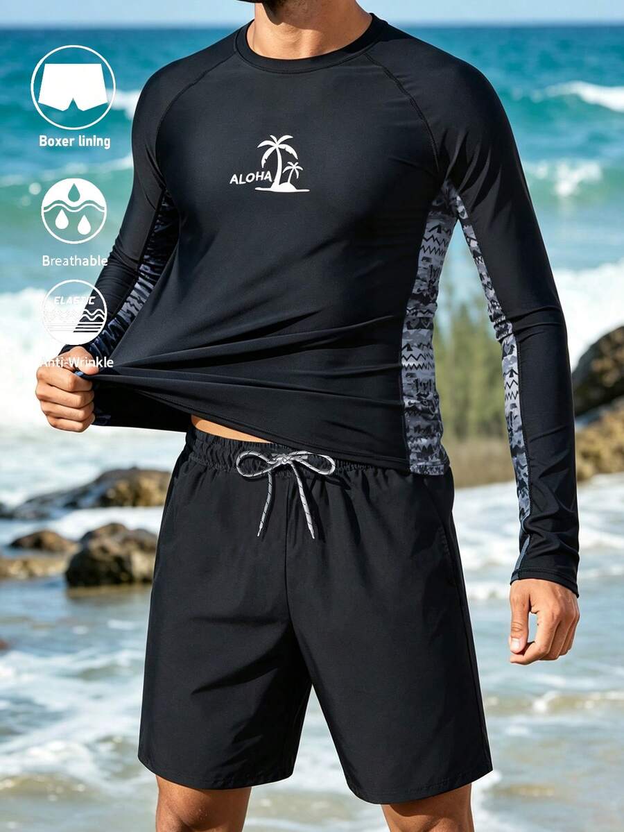 Vorlivo Men's Long Sleeve Rash Guard And Shorts Swimsuit Set, Surfing Outfit With Sun Protection, Holiday - Black - View 1