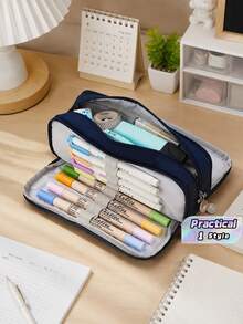 Japanese & Korean Style, Macaron Colors, Unisex, Transformable, Large Capacity, Upgraded Pencil Case/Box, New Model, Pen Holder, Stationery Pouch, Student Pencil Bag, Storage Pouch, Minimalist Storage Pouch. - navy blue - View 1