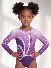 SHEIN Young Girls Activewear Purple Ombre Shiny Leotard, Long Sleeve Bodysuit, Autumn Winter, Training & Competition Fall Winter, Back To School, Dance, Gym - Purple - View 8