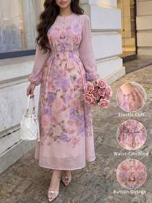 Modelyn Summer Fashion Round Neck Long Sleeve Chiffon Placement Print Fitted Flared Dress Date Night Bridal Party Wedding Dusty Pink Wedding Elegant - Multicolor - View 2