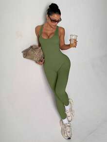 Slayform Slayform Women's Solid Color Backless Halter Neck Slim Fit Sexy Jumpsuit - Olive Green - View 3
