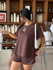 Muchica Spring/Summer Comfortable Casual Cowboy Chocolate Brown Plus Size 2 Pieces Set Vacation Office Sport Sport Sport - Brown - View 5