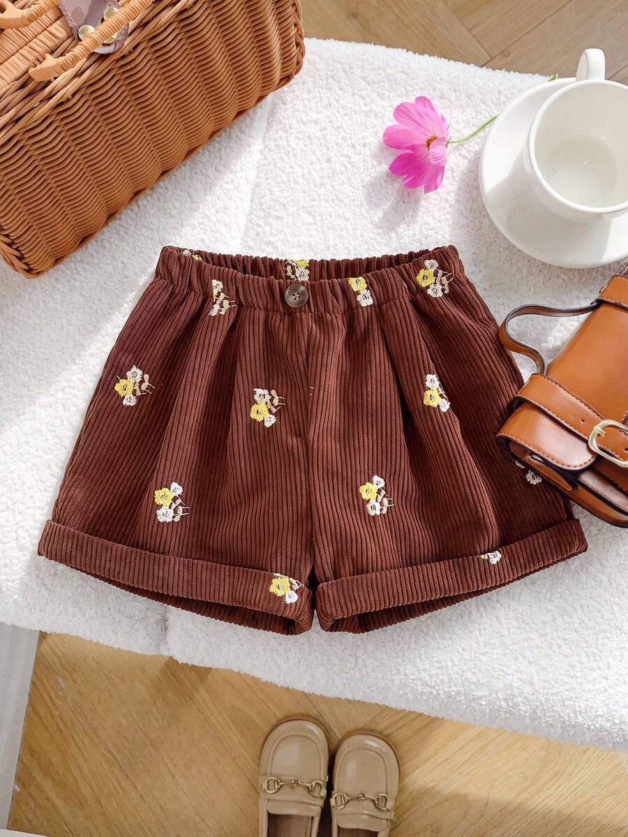 SHEIN 少女時尚刺繡鈕扣休閒短褲,適合日常穿著 - 鏽棕色 - 查看 1