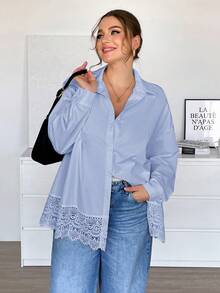 SHEIN Essnce Blusa de Talla Grande unicolor con Patchwork de Encaje Otoño - Celeste - Ver 6