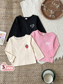 SHEIN 3件組女嬰秋季字母印花修身長袖T恤，甜美休閒百搭套裝 - 彩色 - 查看 1