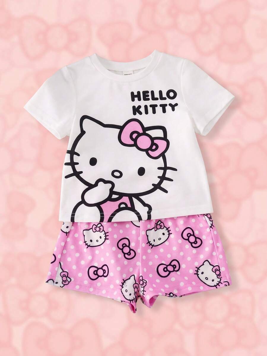 HELLO KITTY AND FRIENDS | SHEIN 女嬰圓領字母卡通印花短袖T恤與短褲休閒日常套裝 - 粉色 - 查看 1