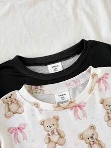 SHEIN Tween女孩4件組粉色浣熊與黑熊圓領長袖上衣與長褲套裝，柔軟舒適居家休閒睡衣套裝，秋冬長袖長褲居家服套裝，Tween女孩修身款 - 彩色 - 查看 7