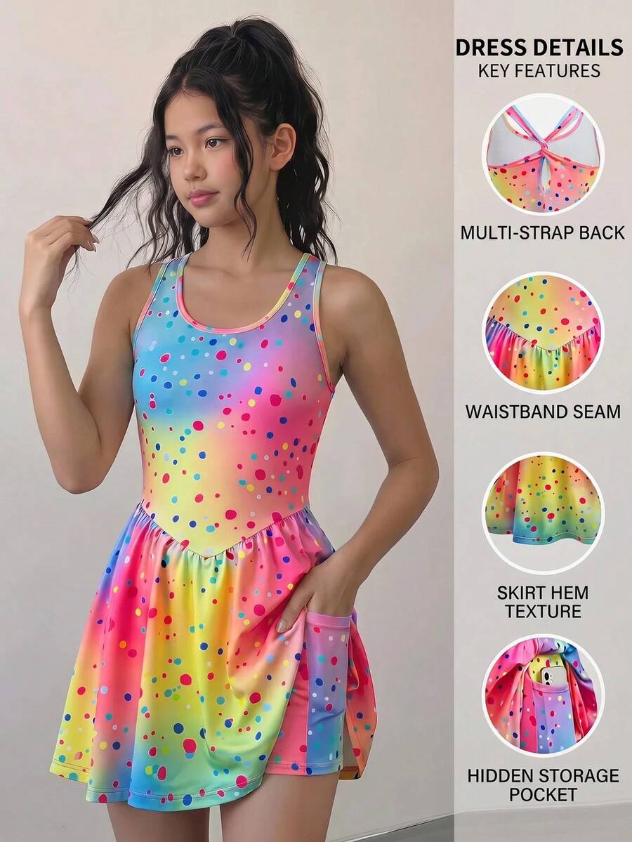 SHEIN Girlism 少女/青少年女孩春夏新款针织渐变印花休闲运动连衣裙,露背设计,含安全短裤,防止走光 - 彩色 - 查看 1